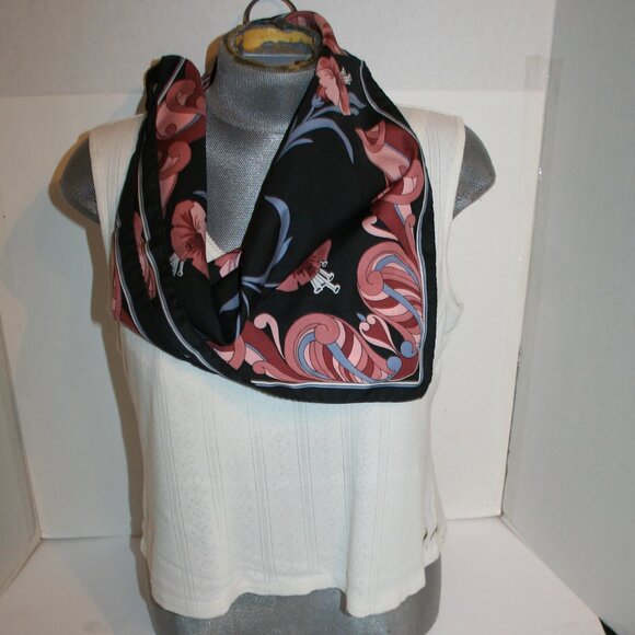 Vtg Carson Pirie Scott & Co Black/Pink/Blue Abstract Floral Silk Scarf - Picture 2 of 7